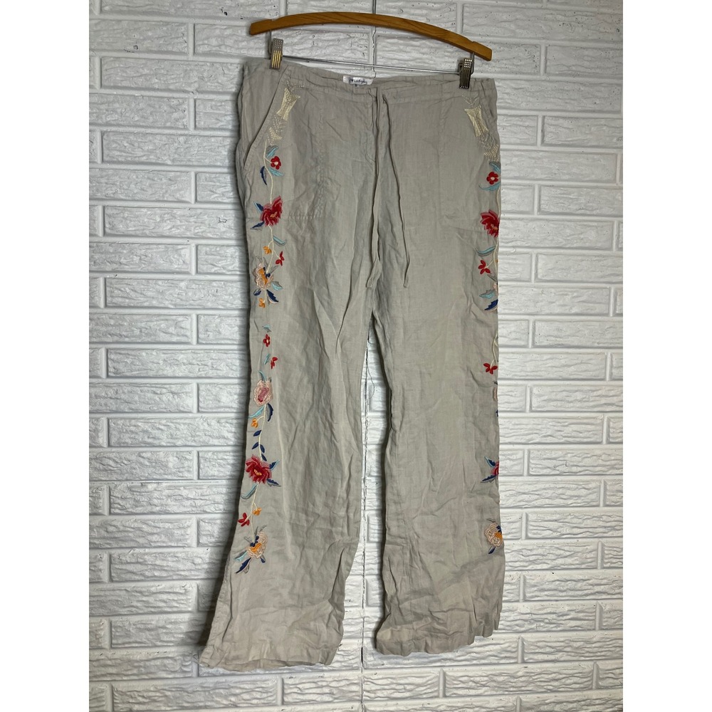 Johnny Was JW Los Angeles 100% linen pants with floral embroidery  women's small